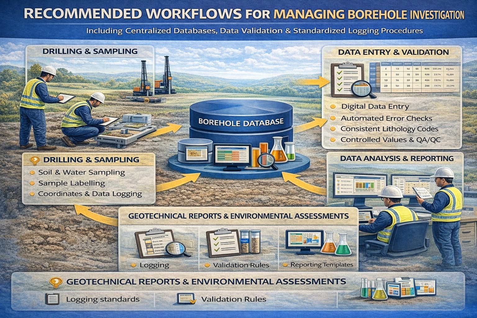 Workflow diagram showing best practices for borehole data management and database organization.