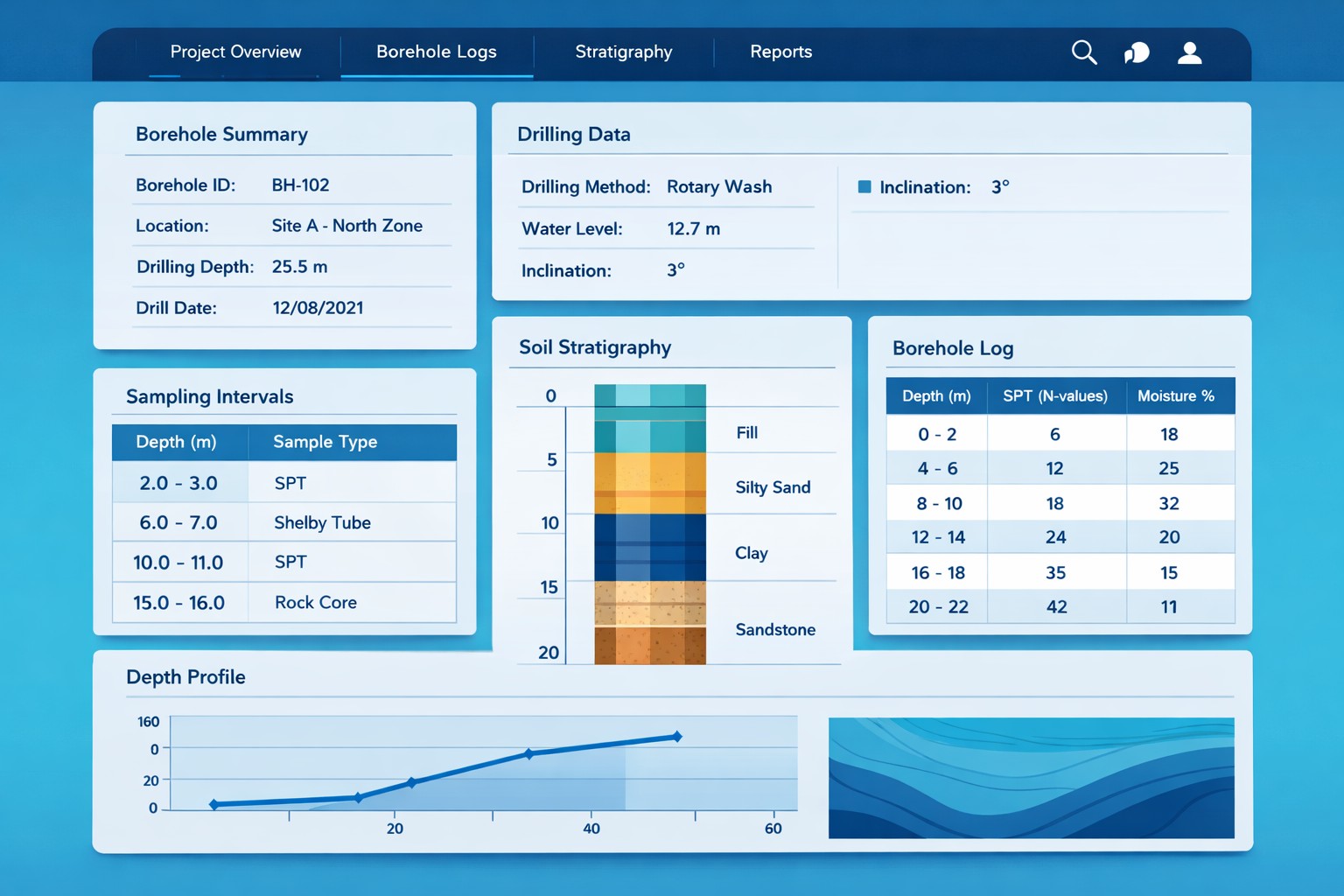 Geotechnical borehole data management dashboard showing soil layers and drilling records