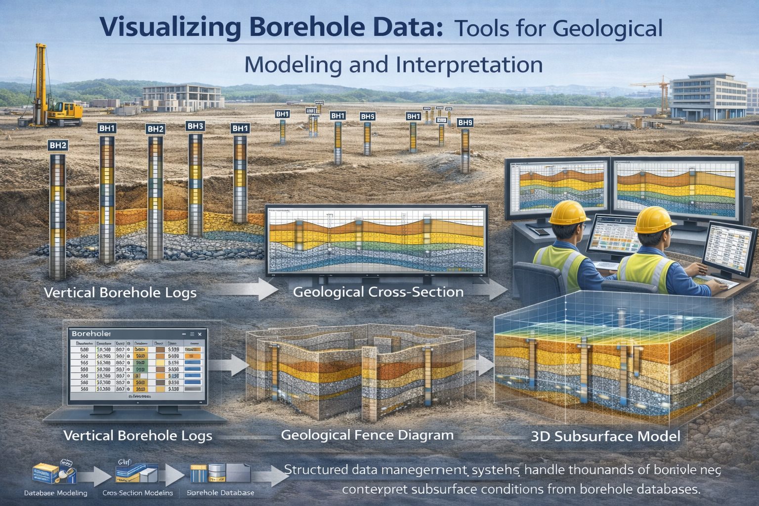 Borehole data visualization showing geological cross-sections, fence diagrams, and a 3D subsurface model created from borehole logs for geological modeling.