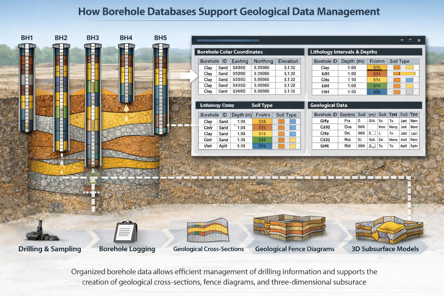 Engineering visualization of a borehole database used for geological data management, showing borehole logs, lithology layers, and structured geological data tables used for subsurface modeling.