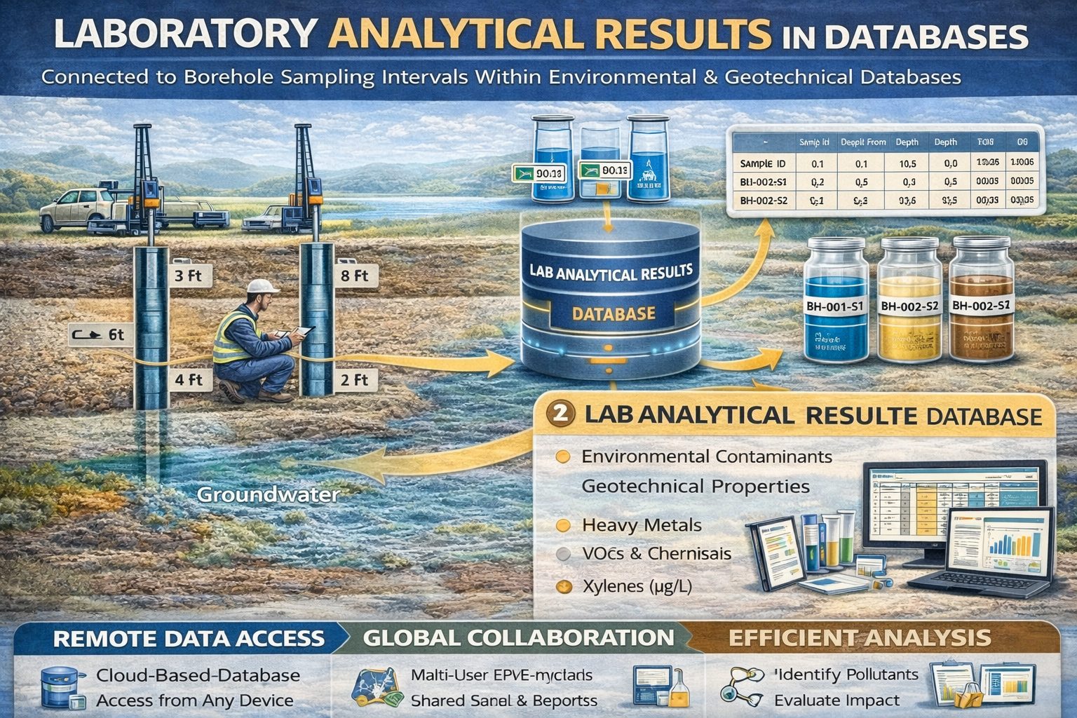 Laboratory analytical results linked to borehole sampling intervals.