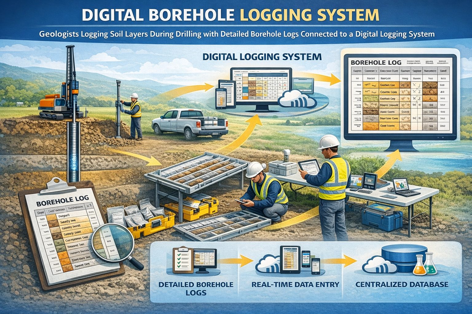 Borehole logging infographic showing geological layers recorded during drilling investigations.