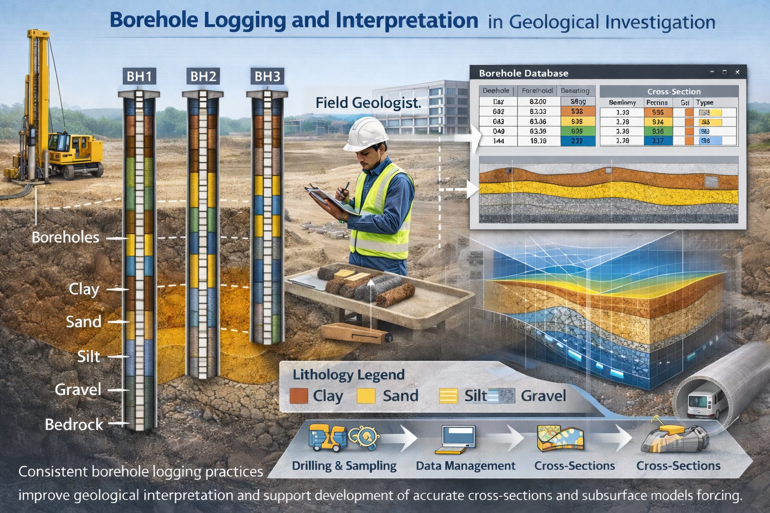 Field geologist performing borehole logging while recording soil layers and lithology data used for geological and geotechnical investigation.