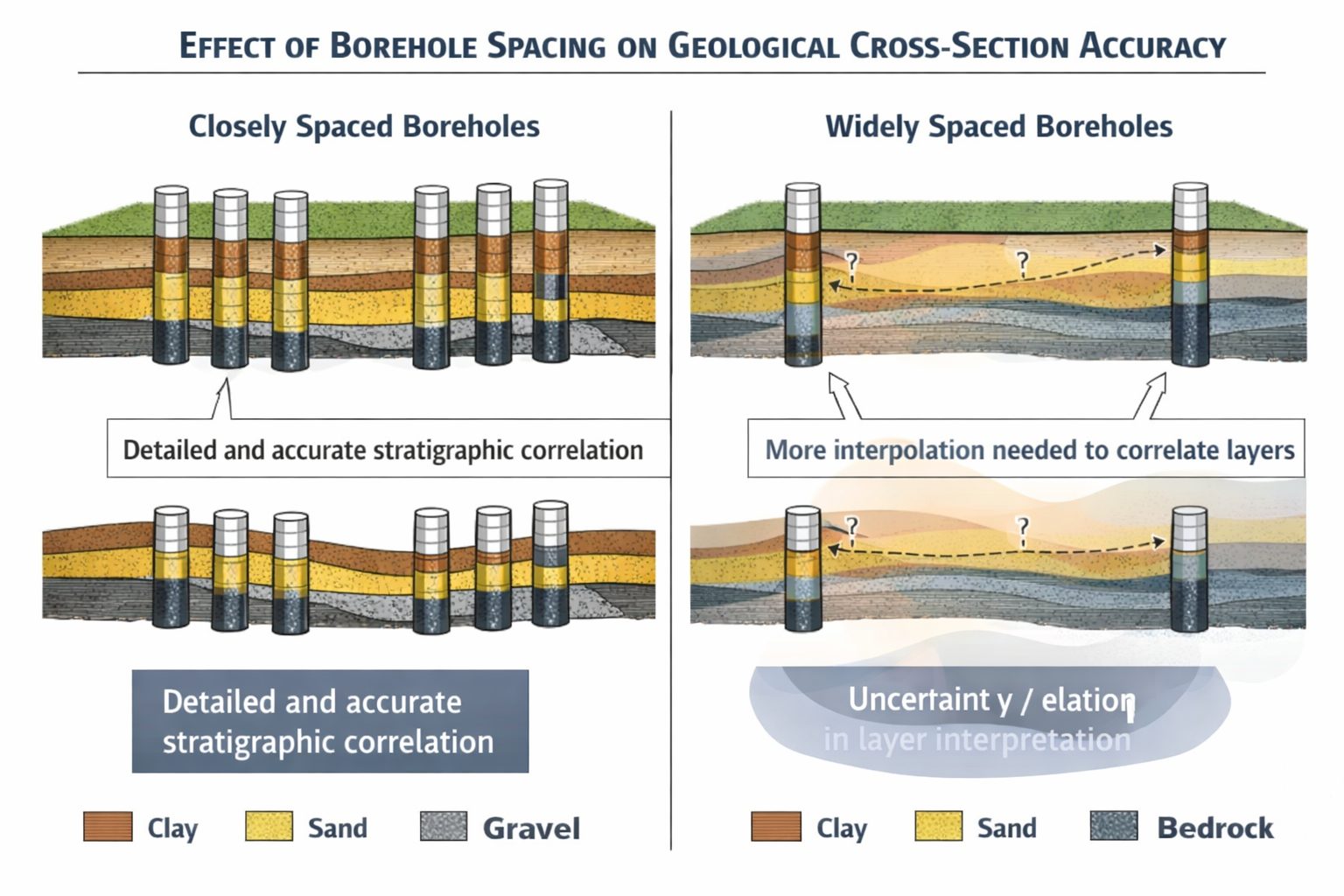 Diagram showing how borehole spacing affects geological cross-section accuracy and subsurface interpretation.