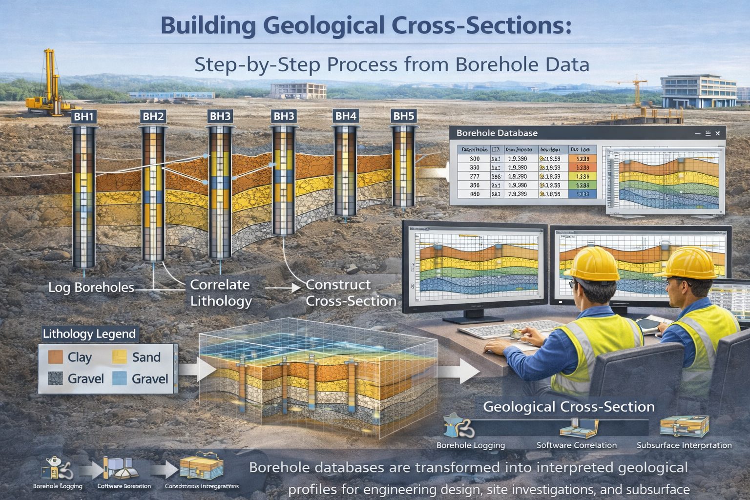 Geological cross-section being created from borehole data showing correlated soil and rock layers between multiple boreholes.