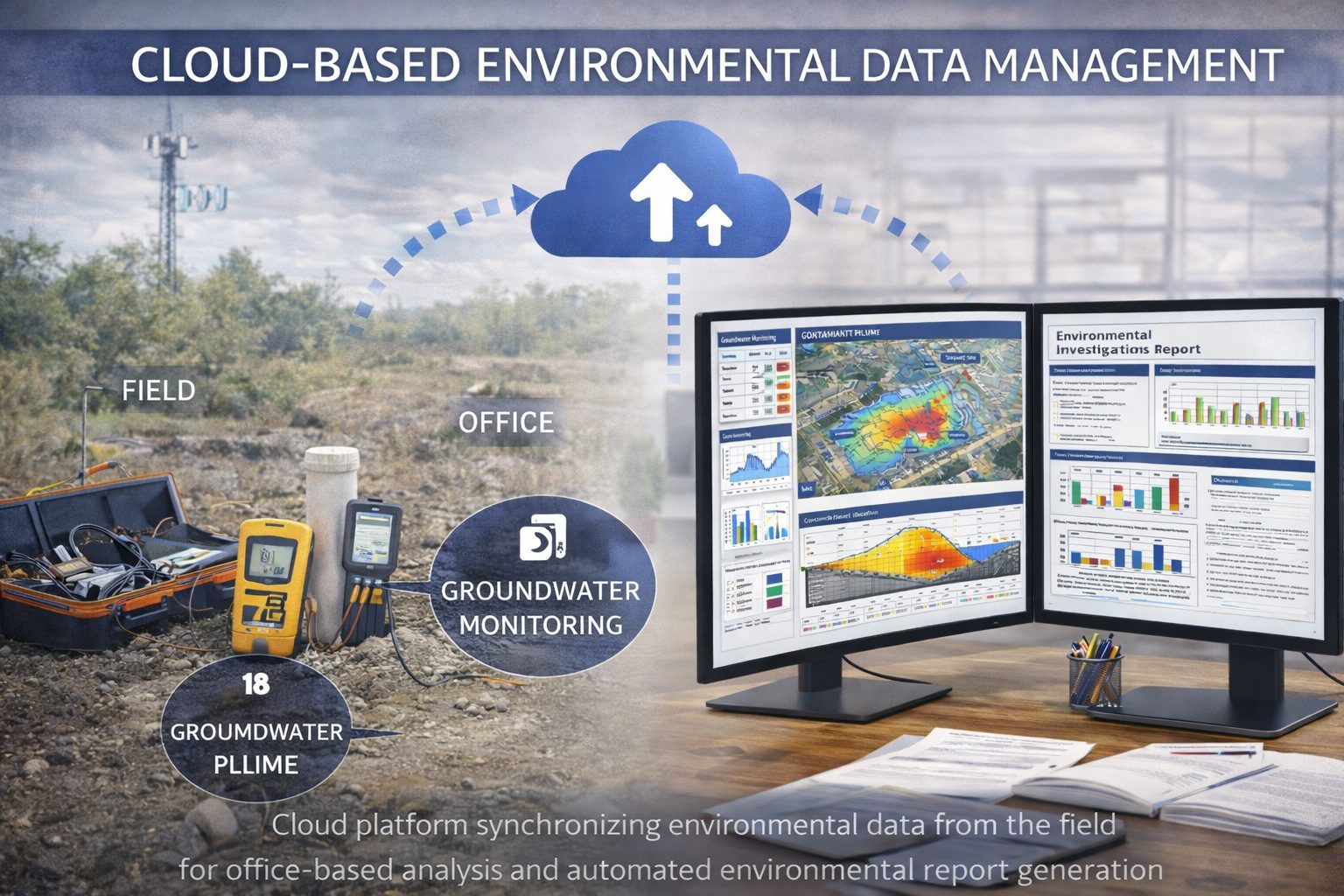 Environmental consultants analyzing environmental investigation data on a cloud-based platform with GIS maps and groundwater monitoring results.