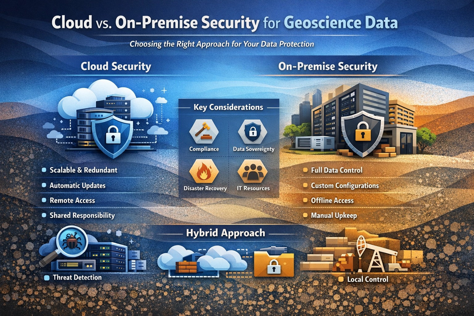 Cloud vs on-premise security for geoscience data showing comparison of data protection, access control, and hybrid architecture