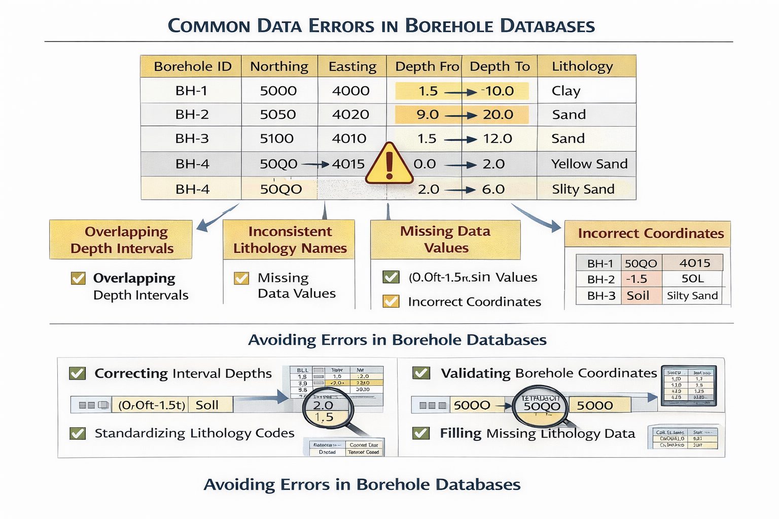 Illustration showing common data errors in borehole databases such as incorrect depth intervals and inconsistent lithology names.