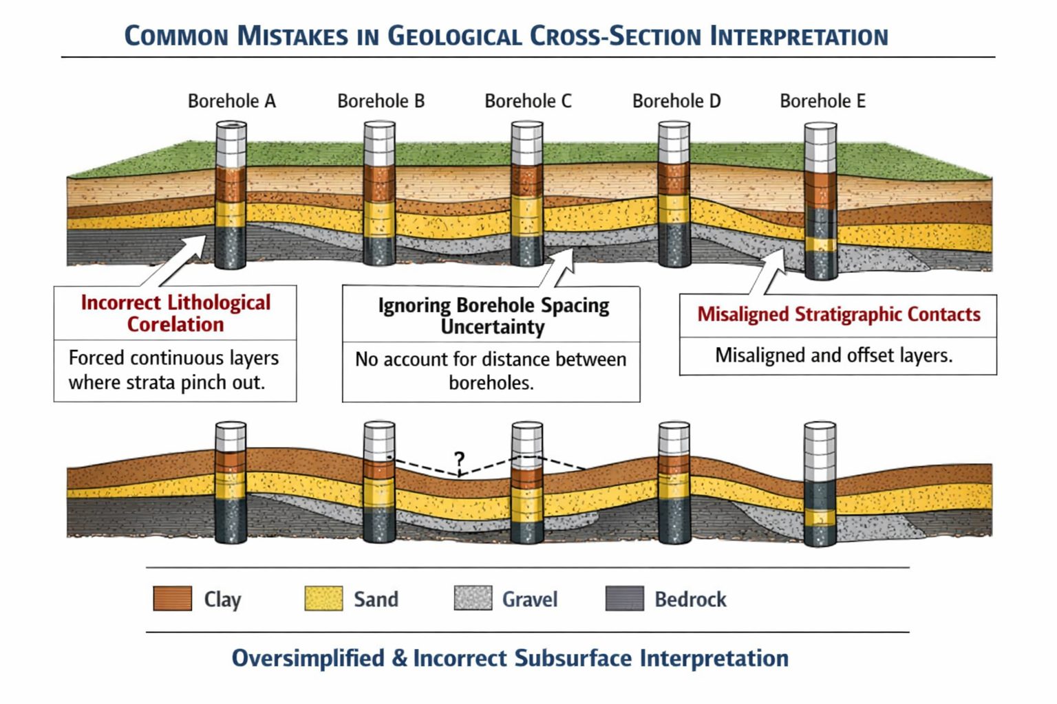 Common mistakes when creating geological cross-sections from borehole data showing incorrect lithological correlations and misinterpreted subsurface layers.
