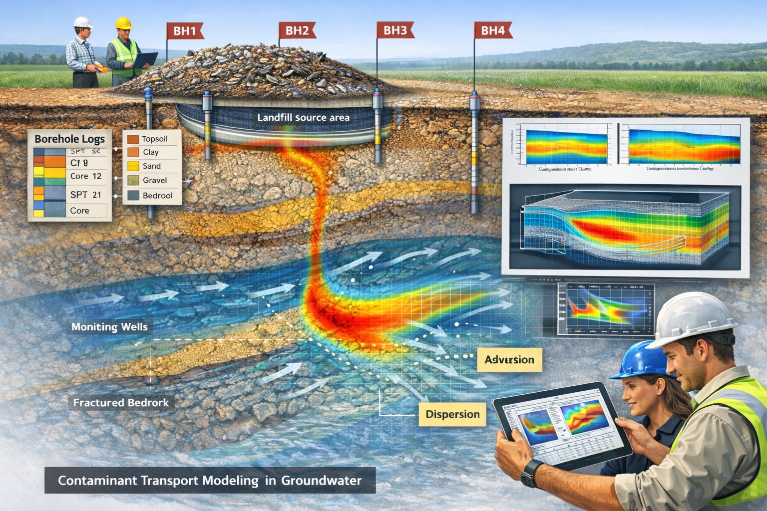 Contaminant transport modeling visualization showing groundwater pollution plume migrating through subsurface geological layers beneath a landfill.