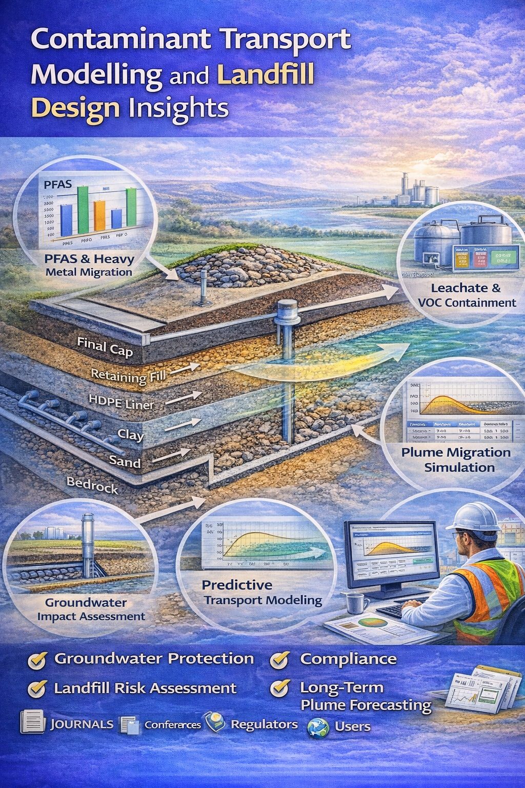 Contaminant transport modelling and landfill design showing PFAS migration, leachate containment, groundwater plume simulation, and landfill liner systems.