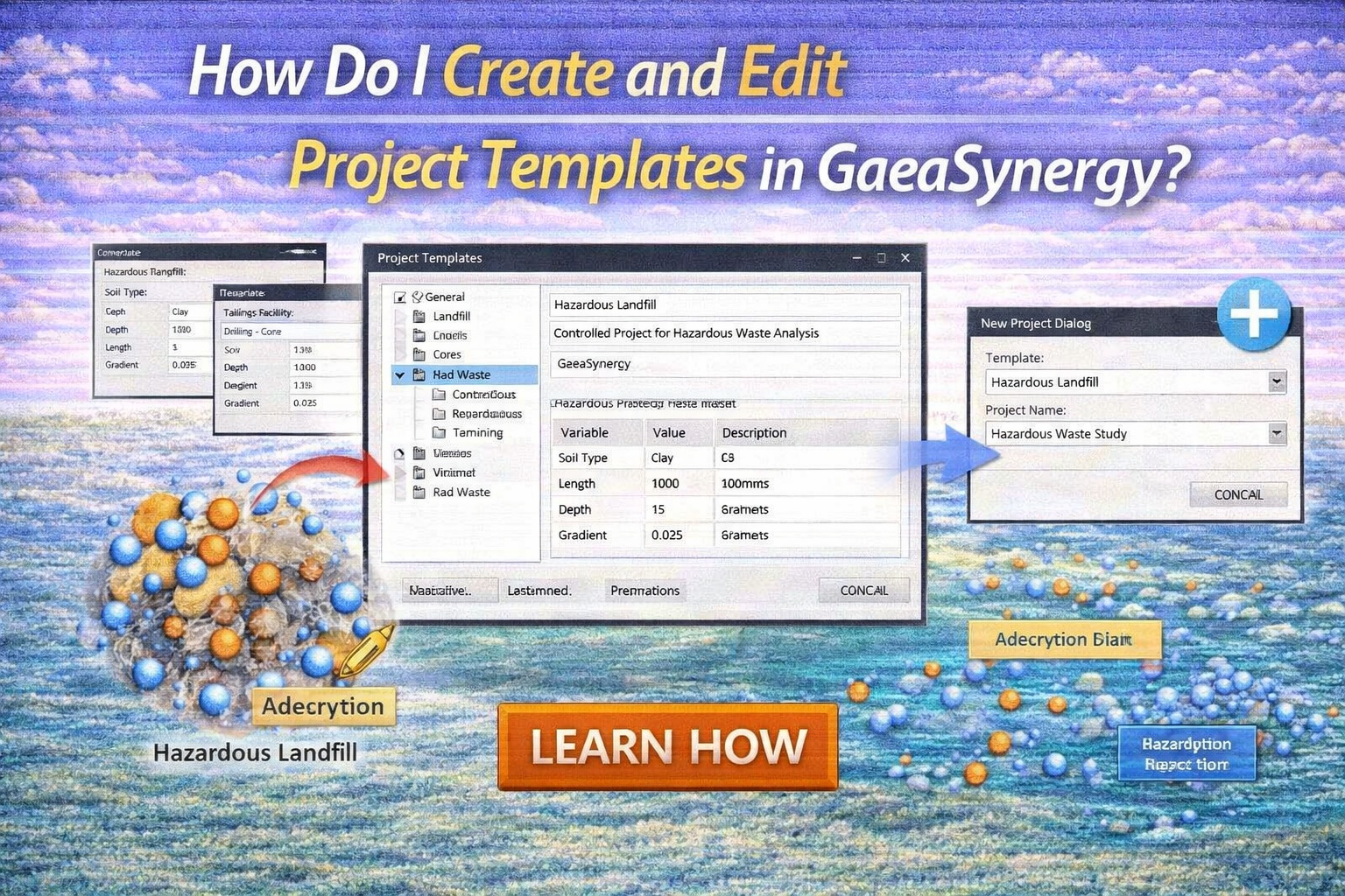 Create and edit project templates in GaeaSynergy showing template settings and new project dialog