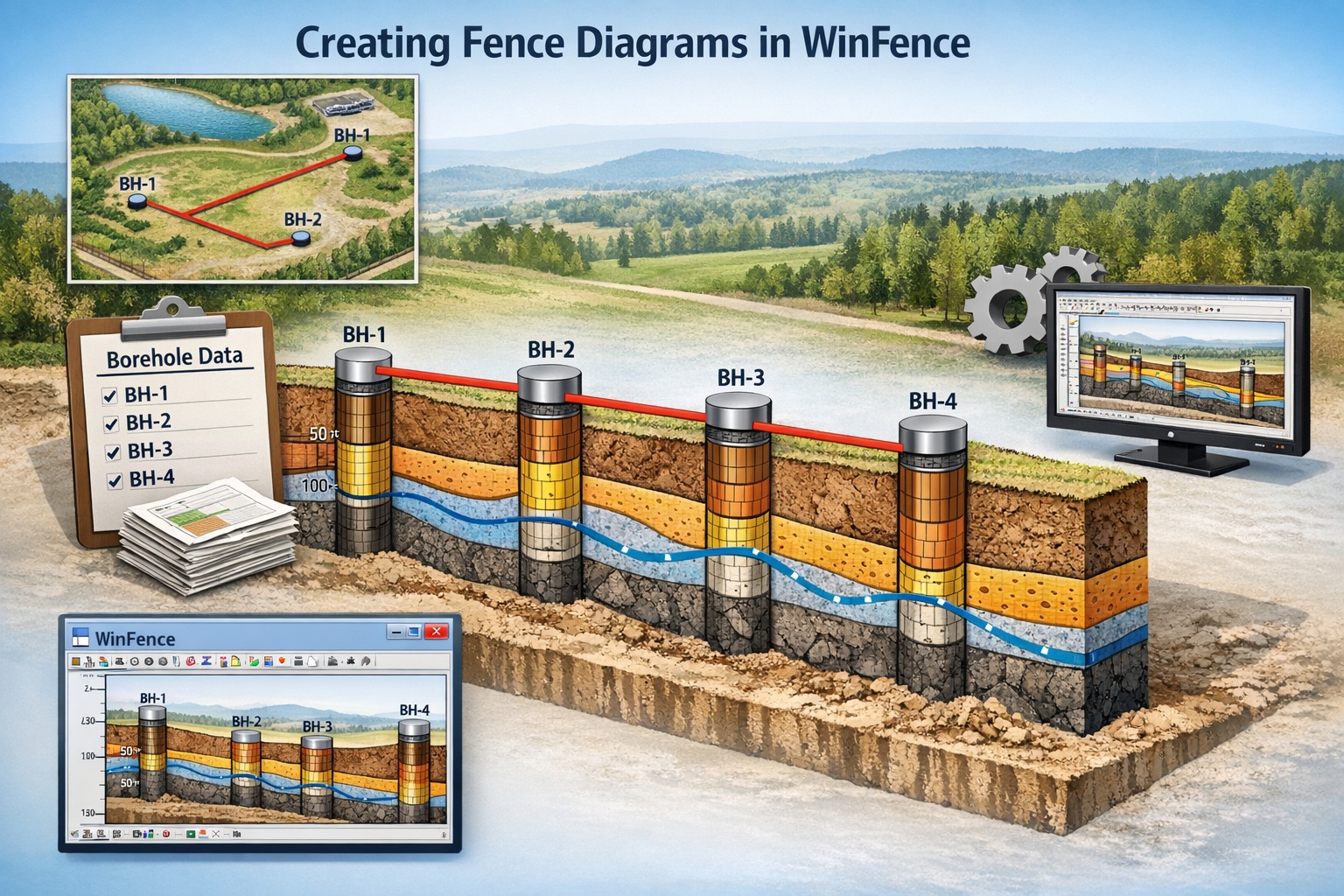 Creating fence diagrams in WinFence using borehole data to visualize subsurface layers