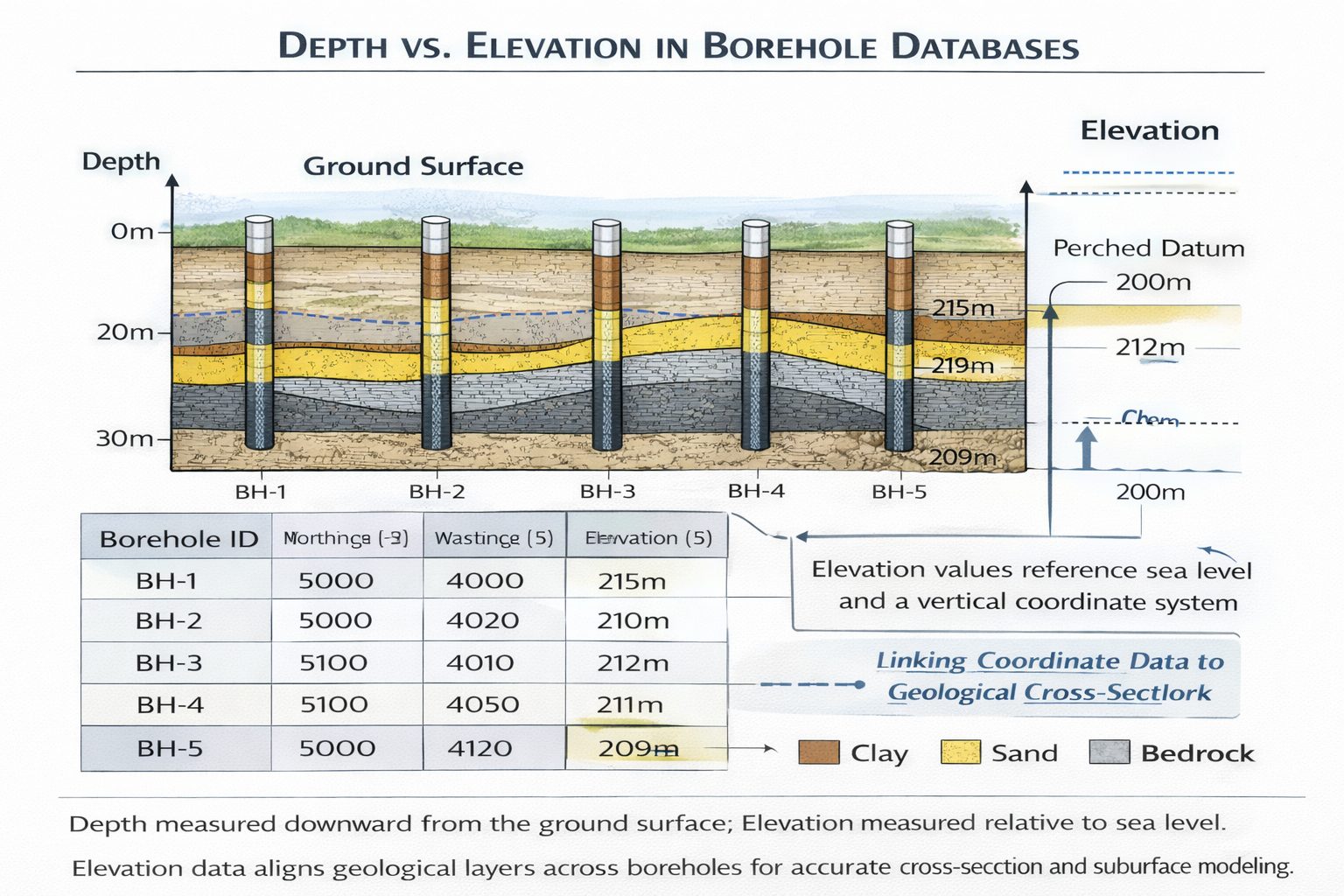 Diagram illustrating the difference between depth and elevation in borehole databases used for geological modeling.