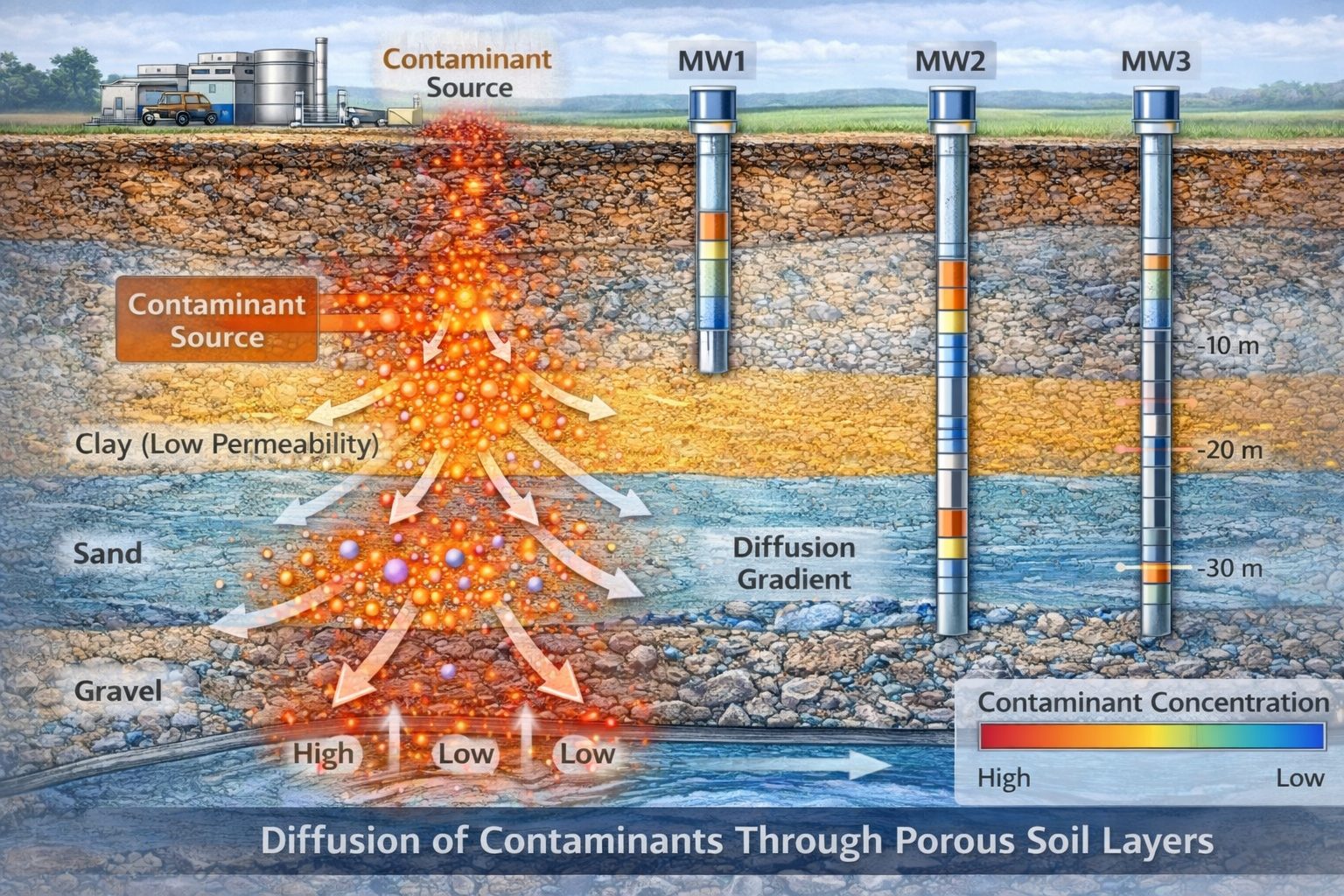 Diffusion of contaminants through porous soil layers showing concentration gradient and molecular diffusion processes.