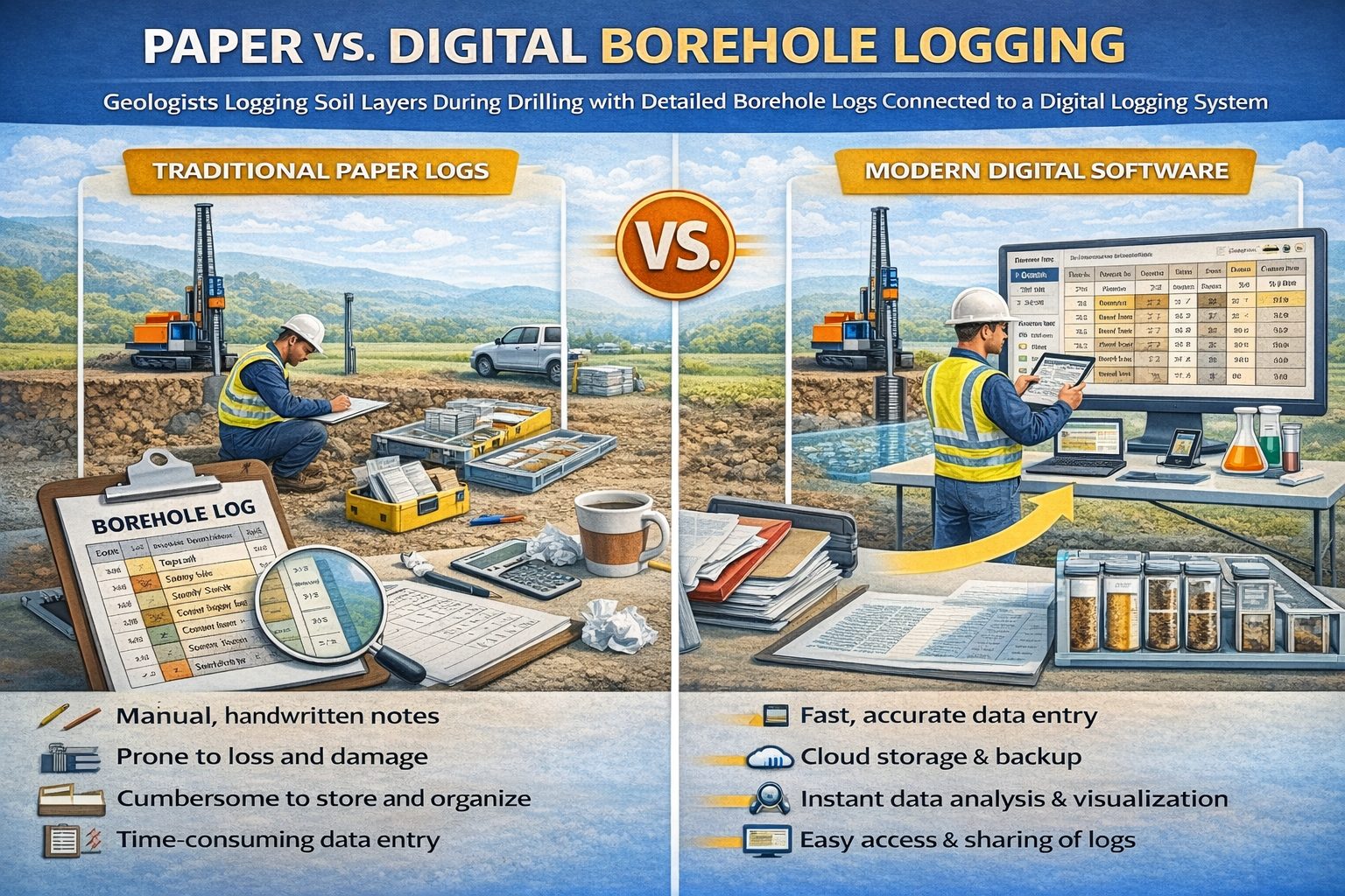 Comparison infographic showing traditional paper borehole logs and digital borehole logging software.