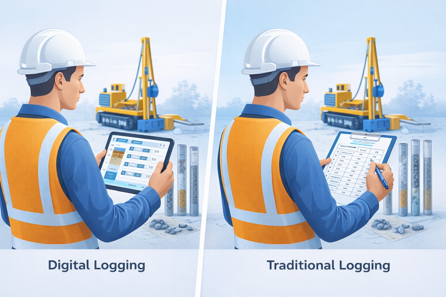 Geologist recording borehole log data on tablet during drilling investigation