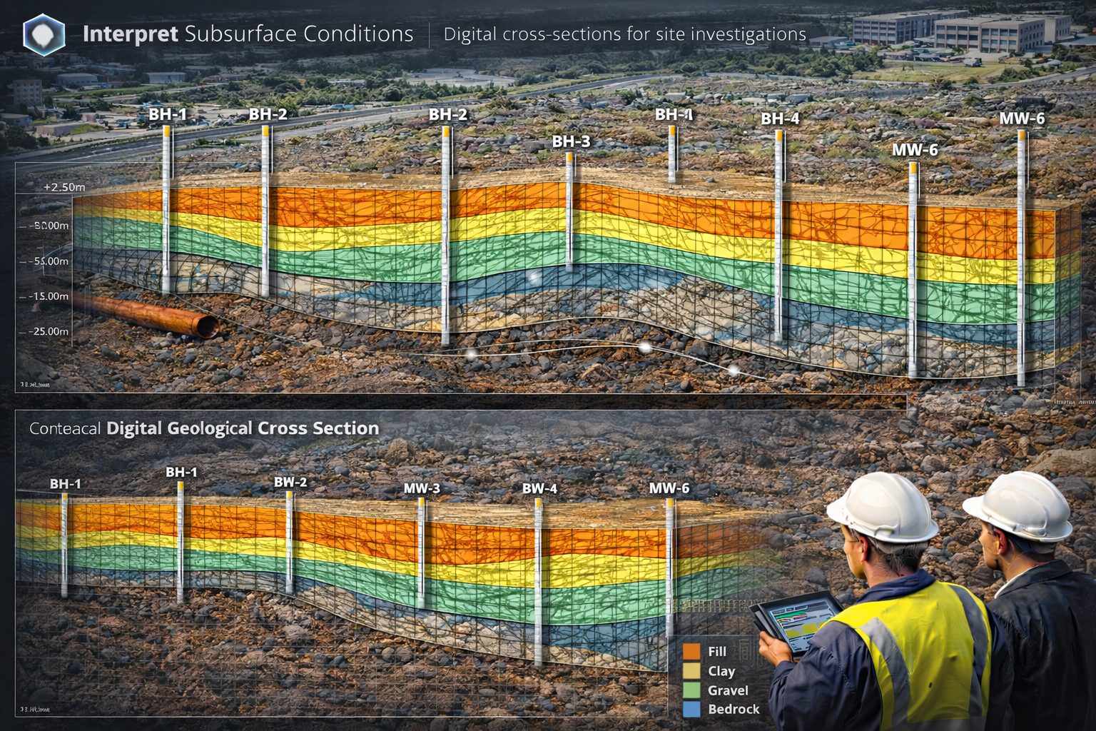 Digital geological cross-section generated from borehole data showing subsurface layers beneath an infrastructure project site.