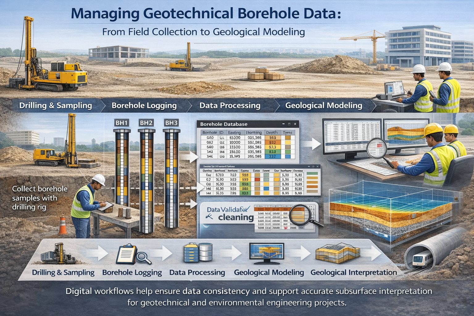 Digital workflow for geotechnical data showing borehole drilling, field logging, database management, and geological cross-section modeling.