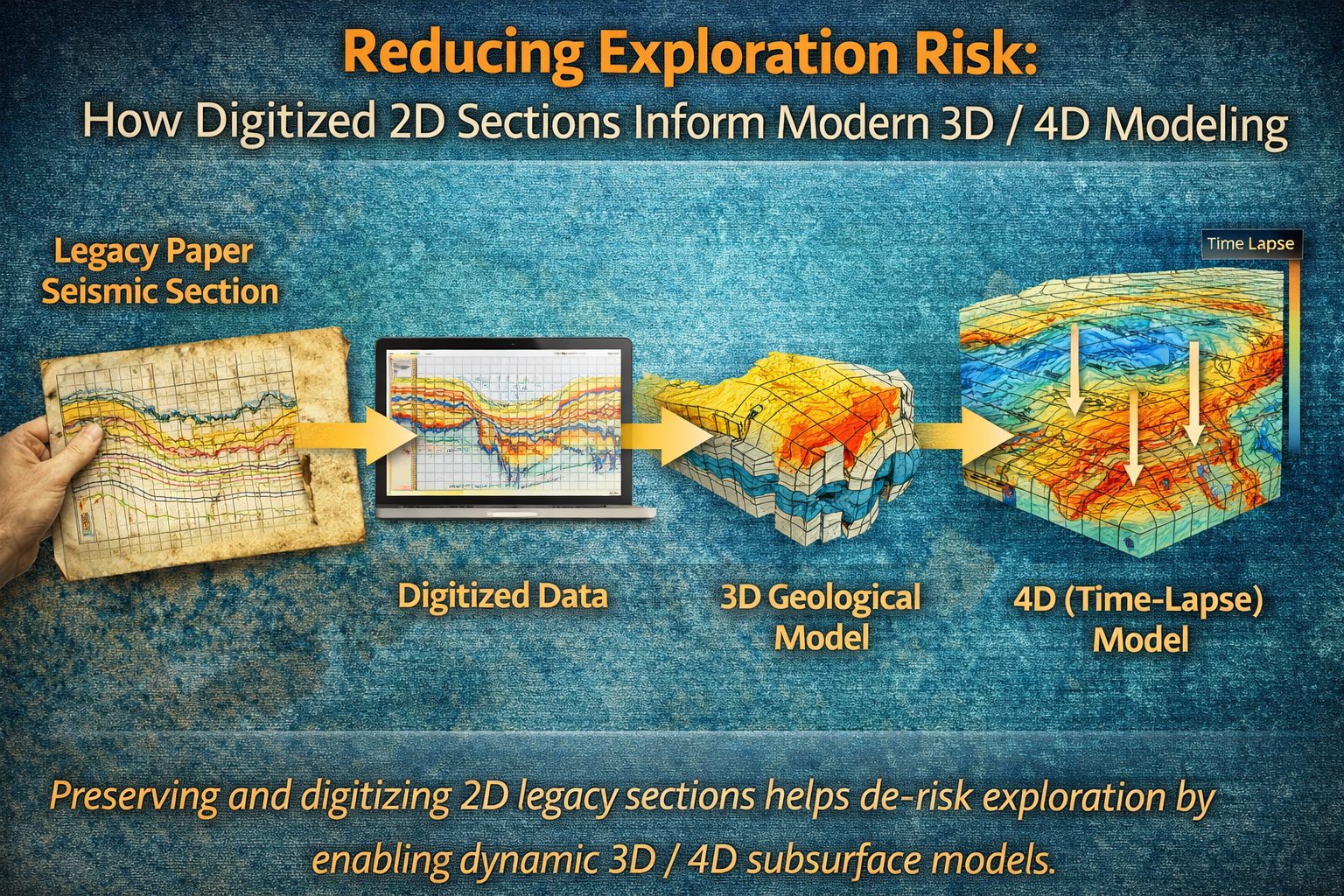 Digitized 2D seismic sections used to build 3D and 4D subsurface geological models for reducing exploration risk