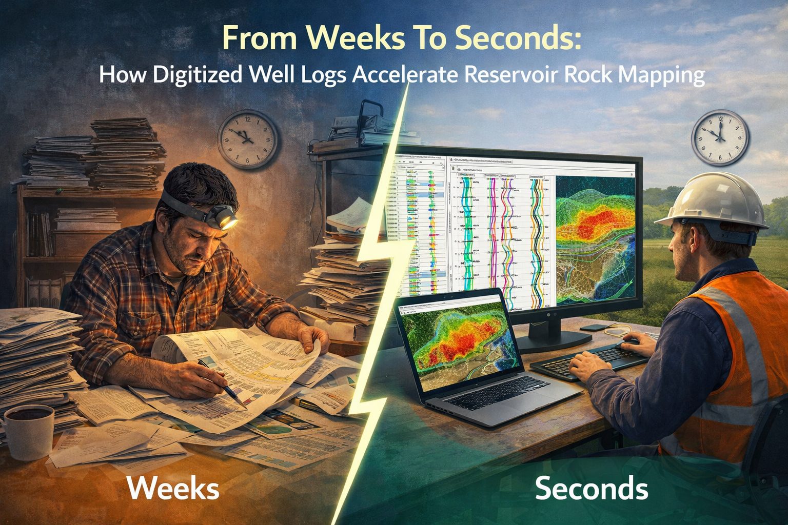 Geoscientist analyzing digitized well logs on a computer to accelerate reservoir rock mapping compared to traditional paper log analysis.