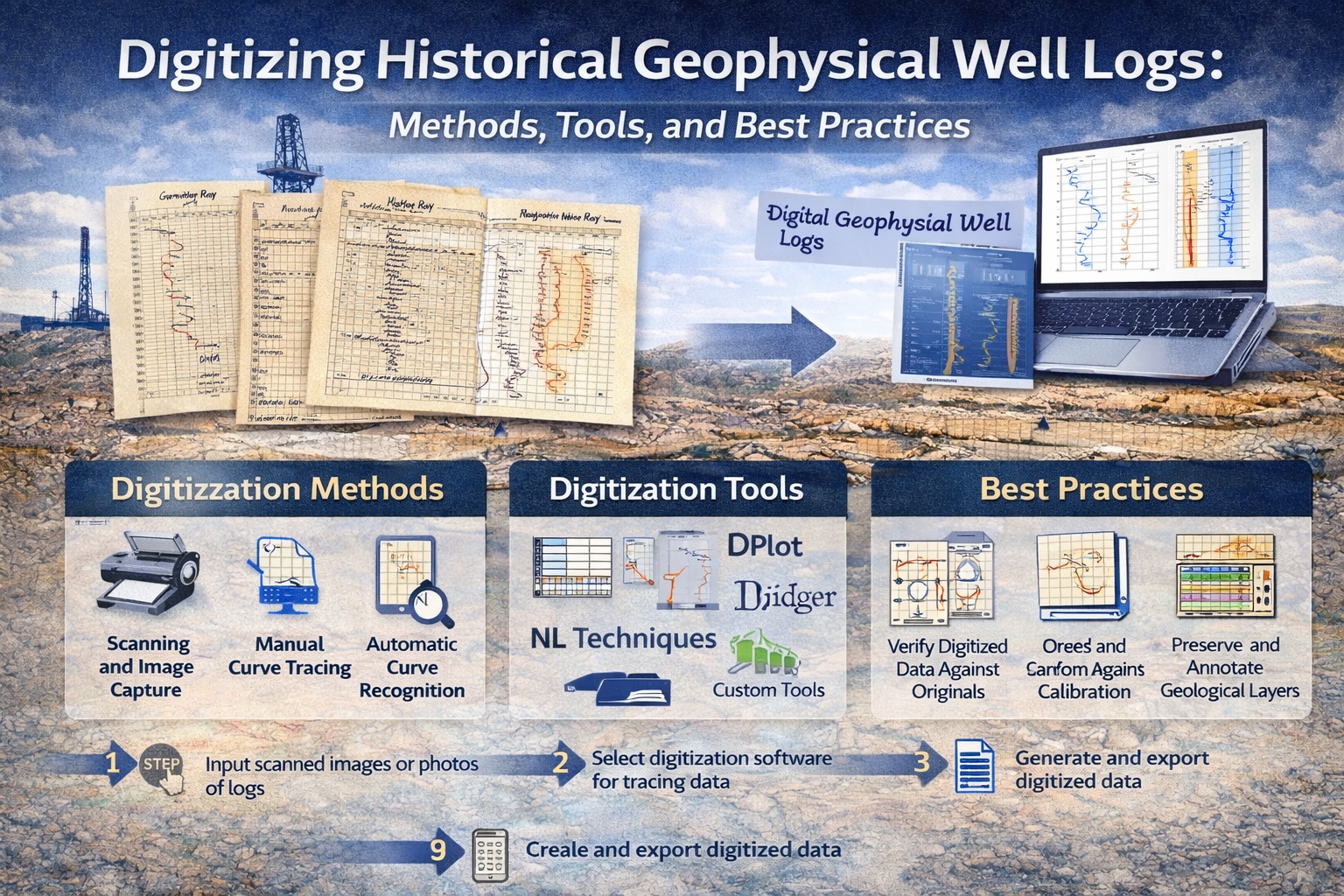 Digitizing historical geophysical well logs showing scanning, curve tracing, software tools, and best practices for converting analog logs to digital data