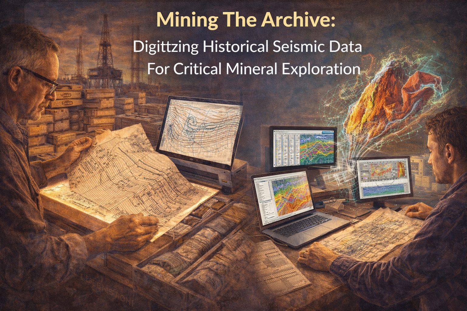 Geoscientists digitizing historical seismic records and analyzing digital seismic data for critical mineral exploration.
