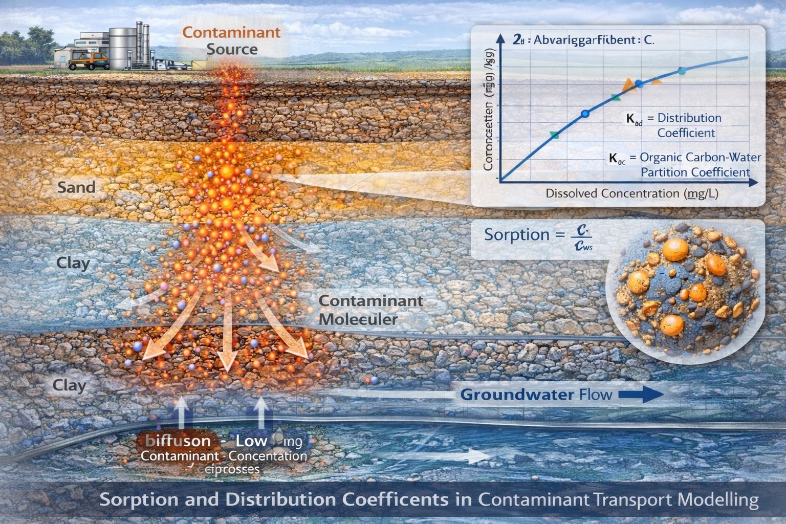 Distribution coefficient Kd showing contaminant sorption to soil particles during groundwater transport modeling.