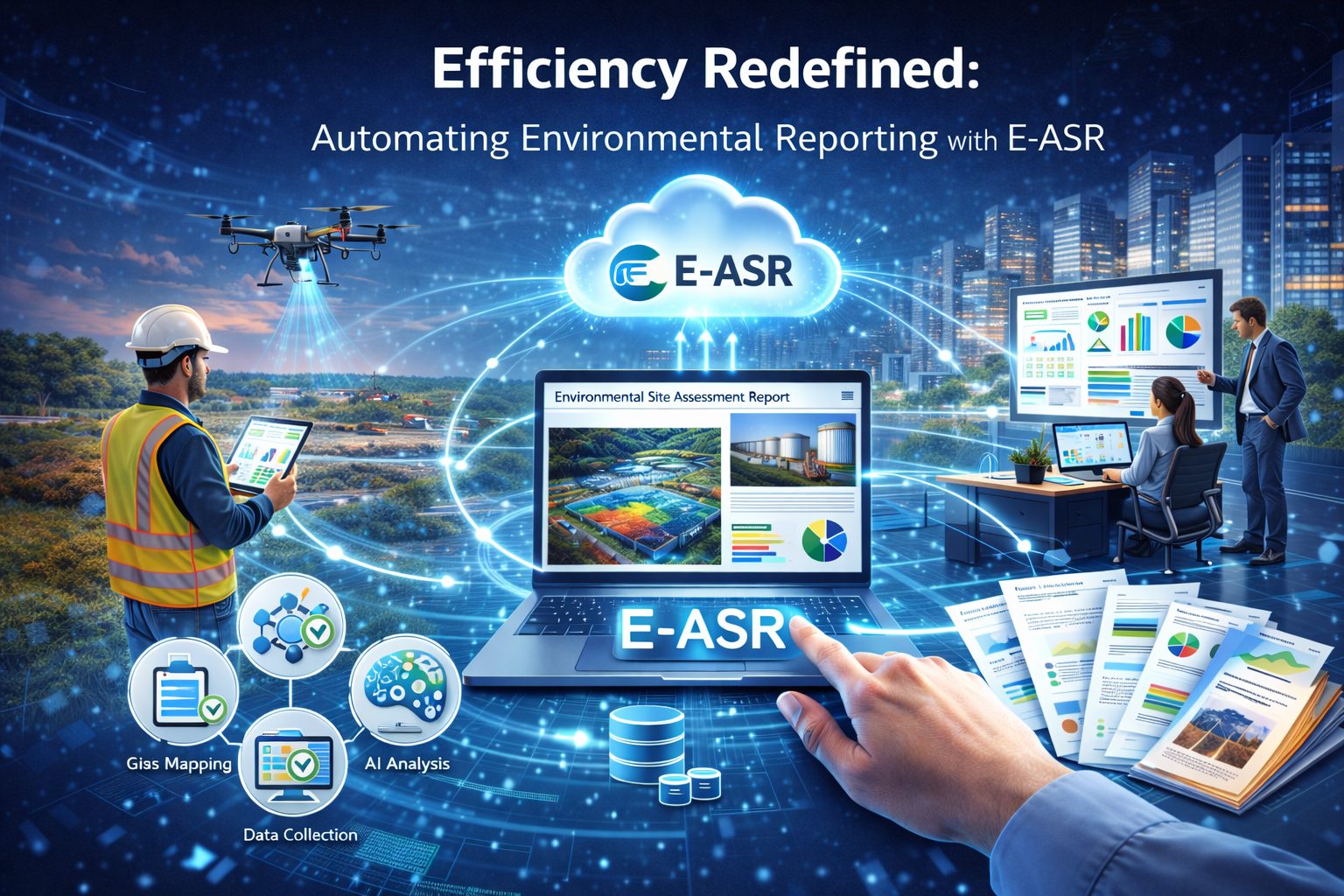 Illustration showing E-ASR software automating environmental reporting by connecting field data collection, drone surveys, GIS mapping, and cloud-based Environmental Site Assessment reports.