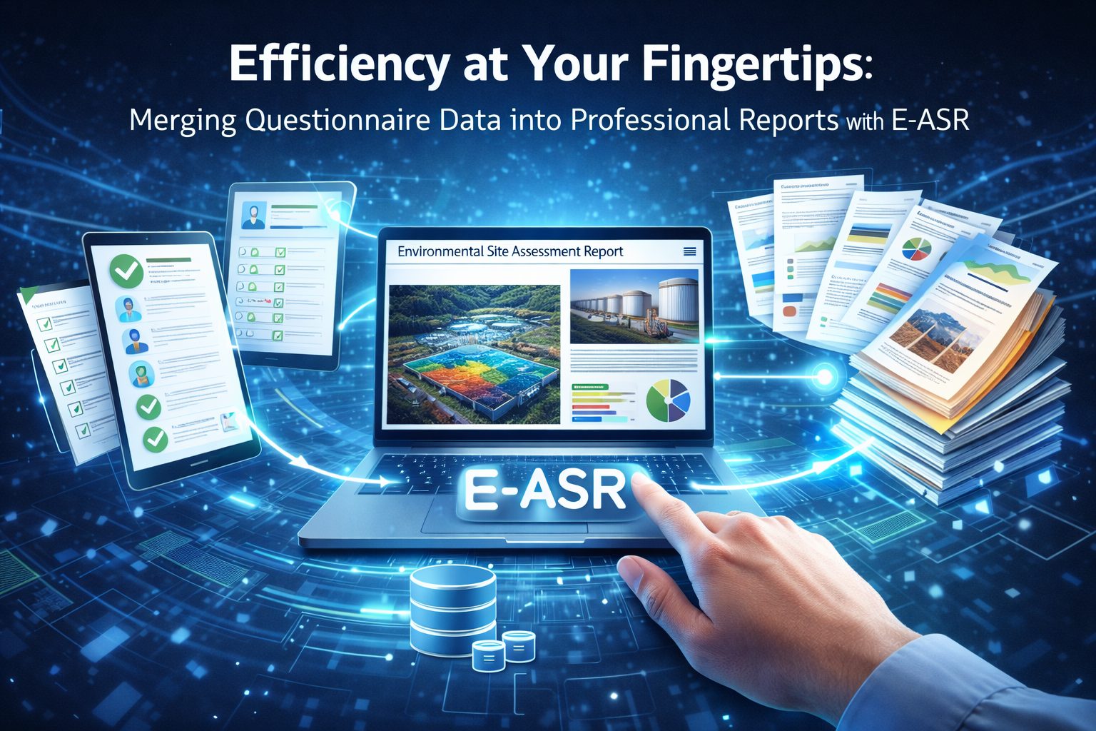 Illustration showing E-ASR software automatically merging questionnaire data into a professional Environmental Site Assessment report using a cloud-based platform and digital reporting tools.