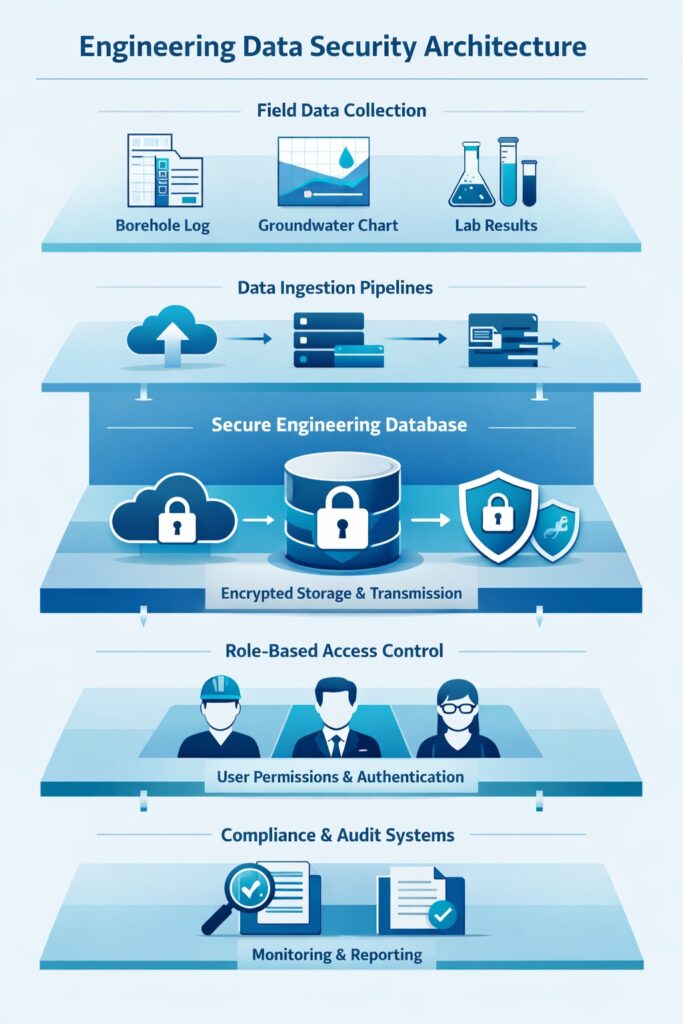 Engineering data security architecture showing field data collection, validation pipelines, secure engineering database, role-based access control, and audit trail compliance layers.