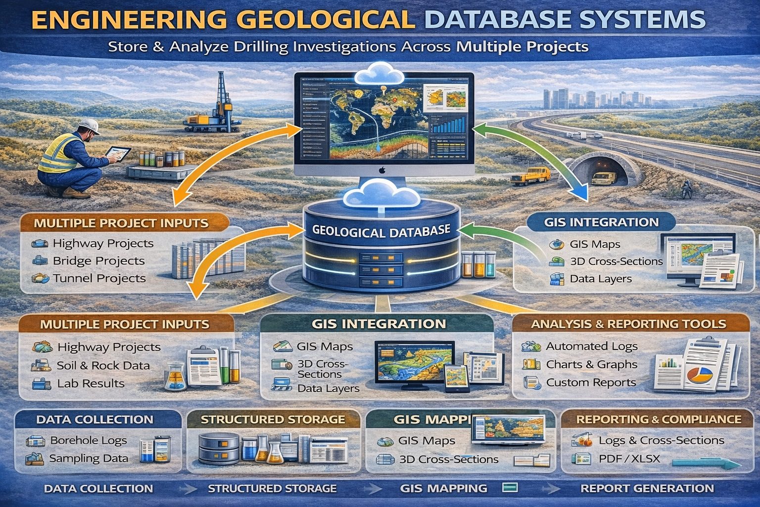 Engineering geological database connecting boreholes, soil data, and geological models.