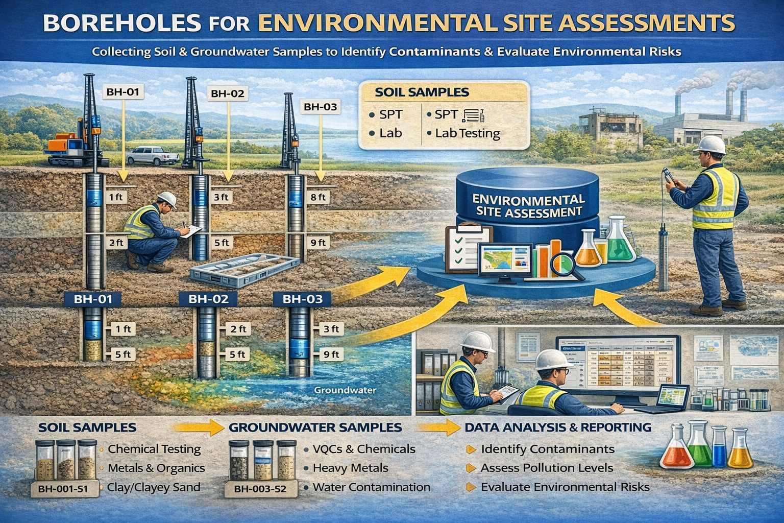 Environmental borehole sampling for soil and groundwater contamination investigations.