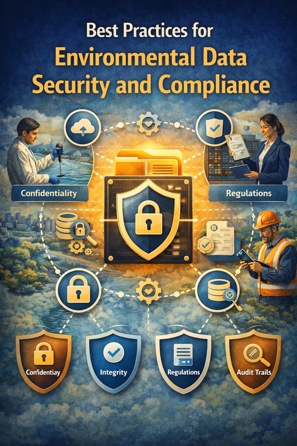 Environmental data security and compliance best practices showing data protection, governance, audit trails, and secure environmental data management