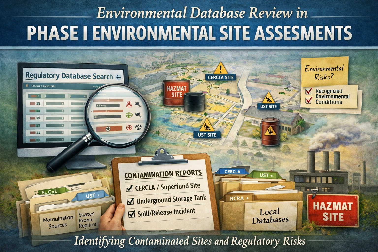 Environmental database review in Phase I Environmental Site Assessment showing regulatory database search, contamination sites, and risk analysis