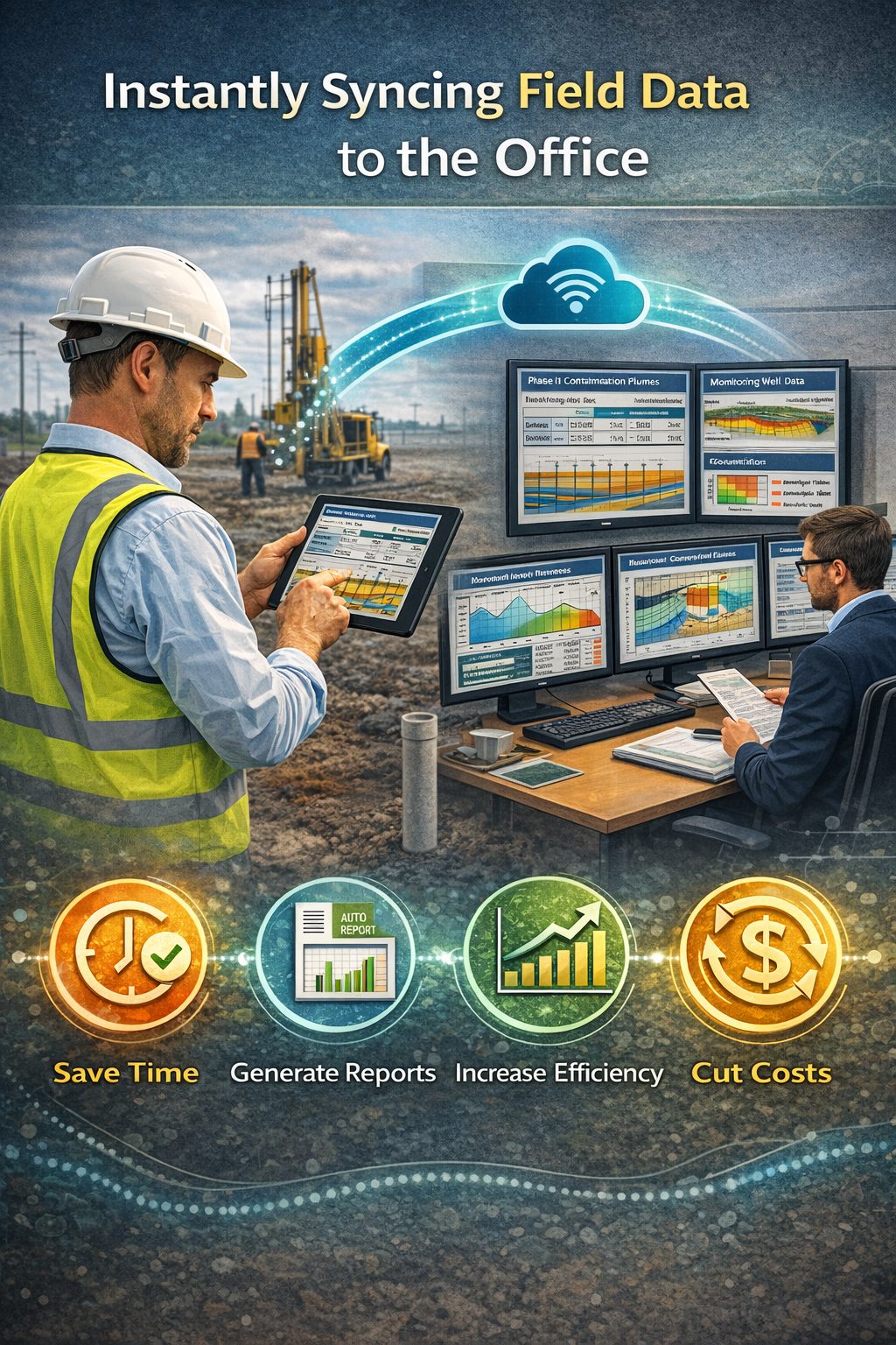 Environmental field assessor using a tablet to automatically upload soil and groundwater investigation data to office reporting software during a site assessment.