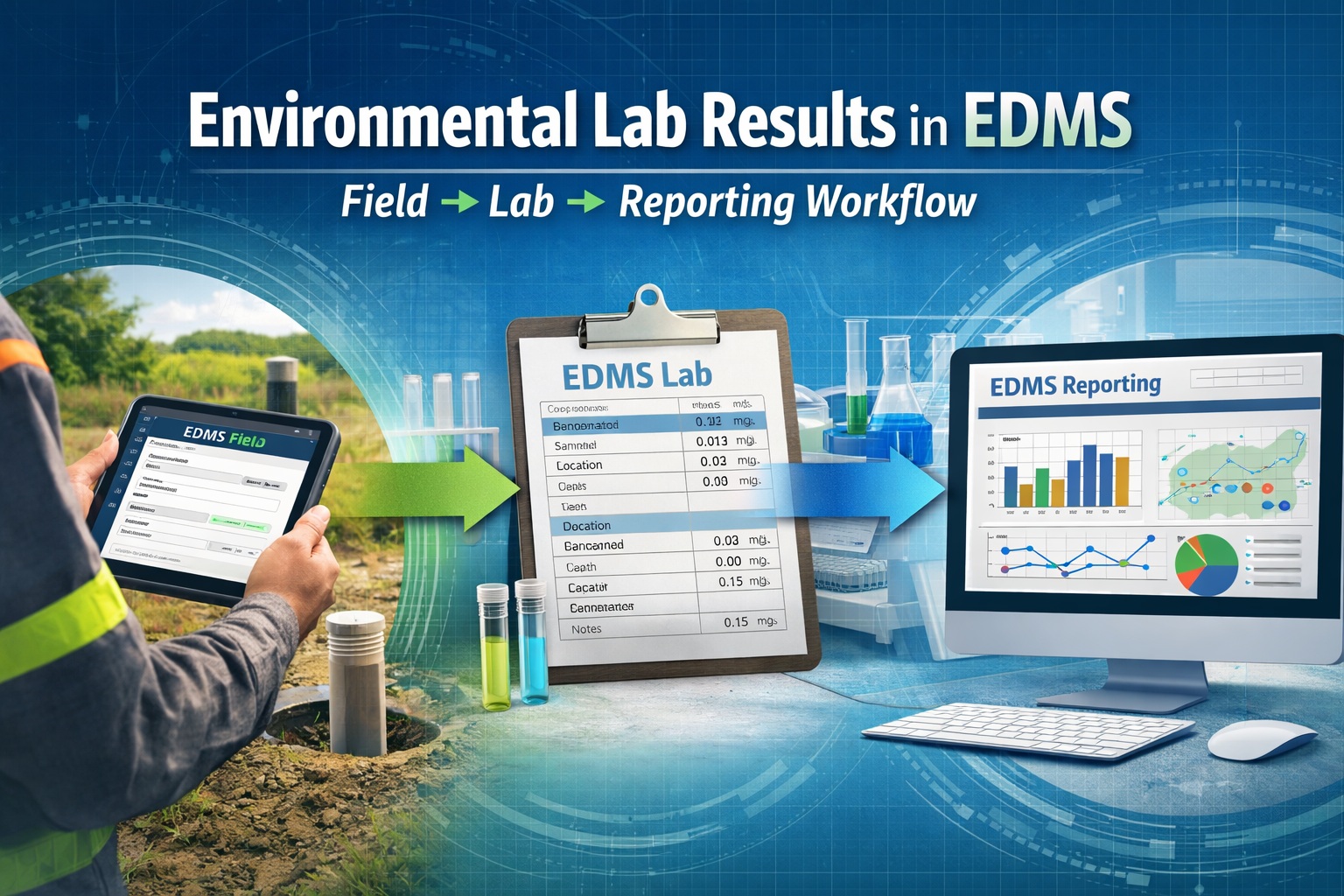 Environmental laboratory results workflow in EDMS showing field data collection with tablet, lab analysis integration, and reporting dashboard visualization