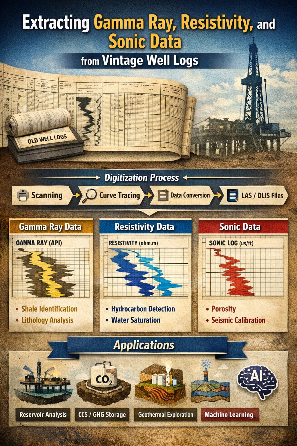 Digitizing vintage well logs to extract gamma ray, resistivity, and sonic data for reservoir analysis and subsurface modeling