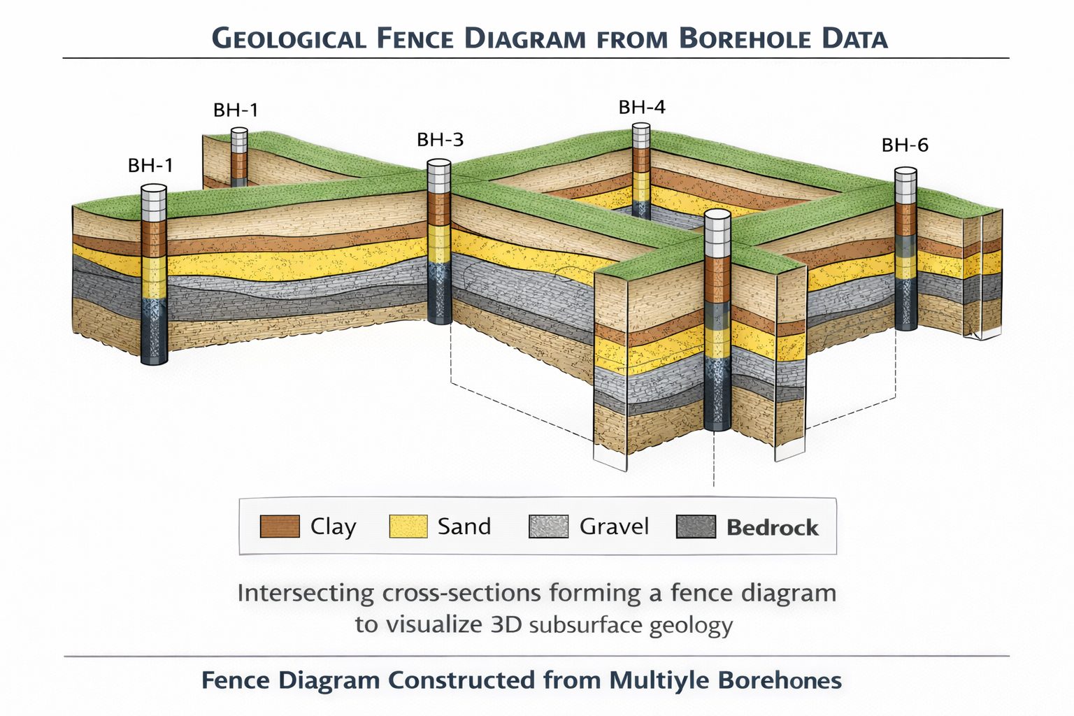 Fence diagram visualization used in geological modeling to interpret subsurface layers from borehole data.