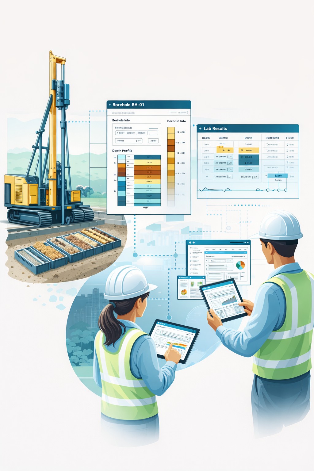 Geotechnical drilling site with engineer recording soil data