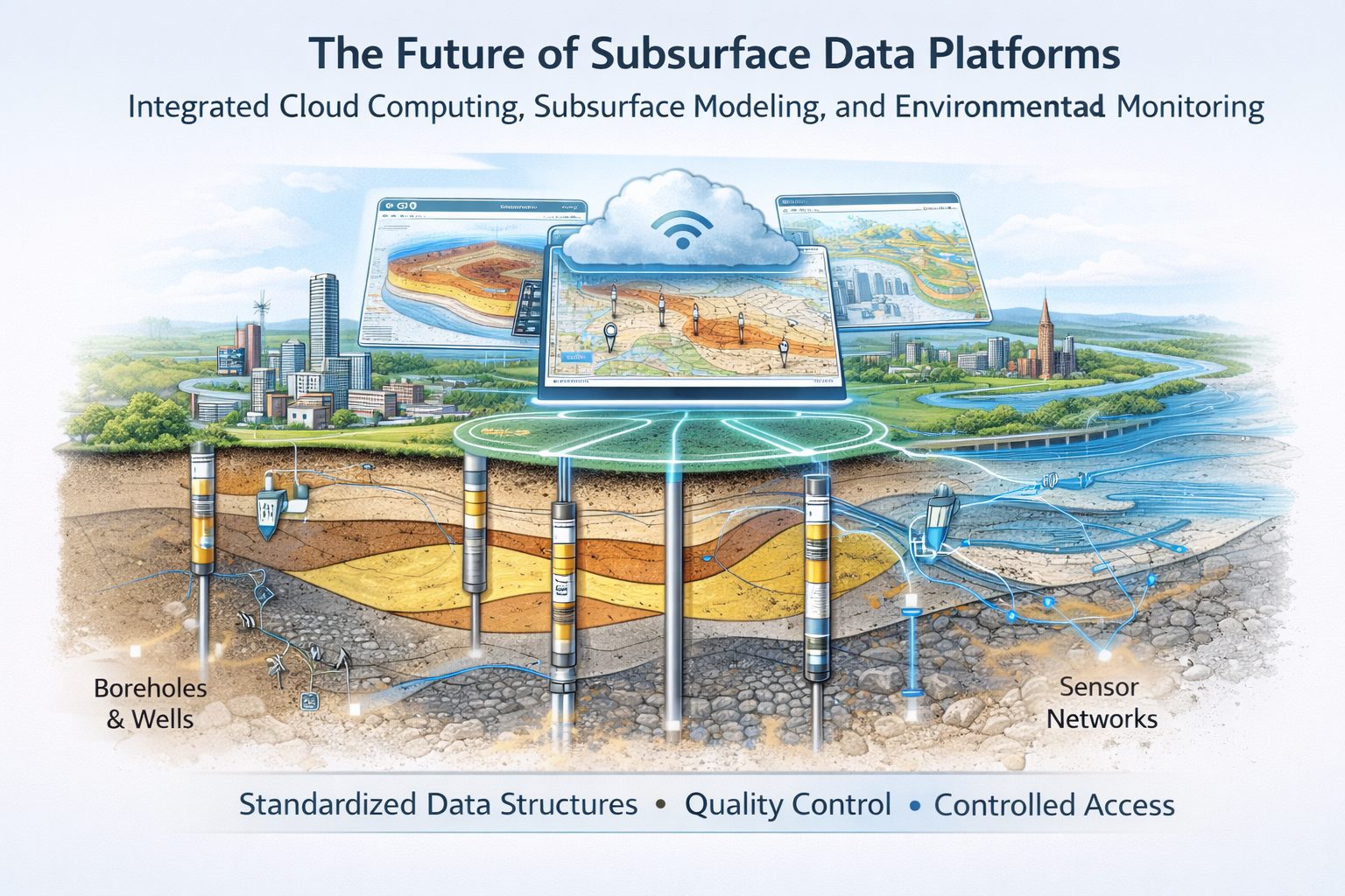 Future digital subsurface data platform showing cloud-based geological models, borehole databases, and real-time environmental monitoring.