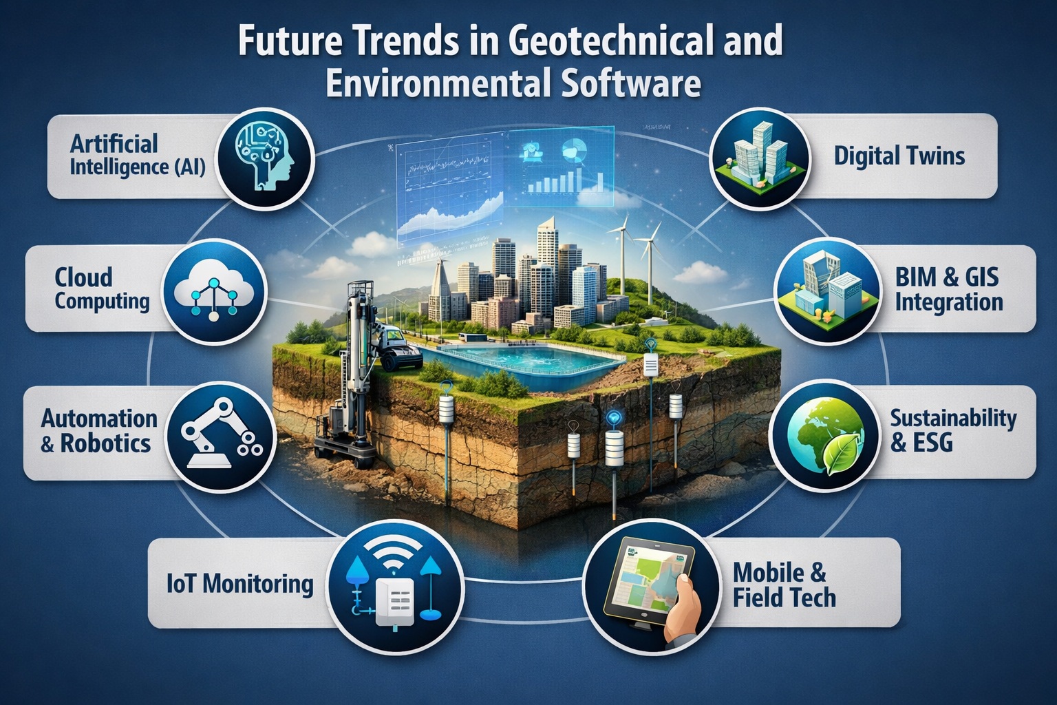 Future trends in geotechnical and environmental software infographic showing AI, digital twins, BIM, IoT monitoring, cloud computing, and sustainability technologies