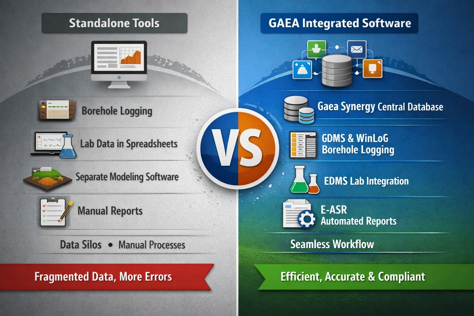 GAEA integrated geotechnical software vs standalone tools comparison showing centralized data, automated reporting, and streamlined workflows versus fragmented manual processes
