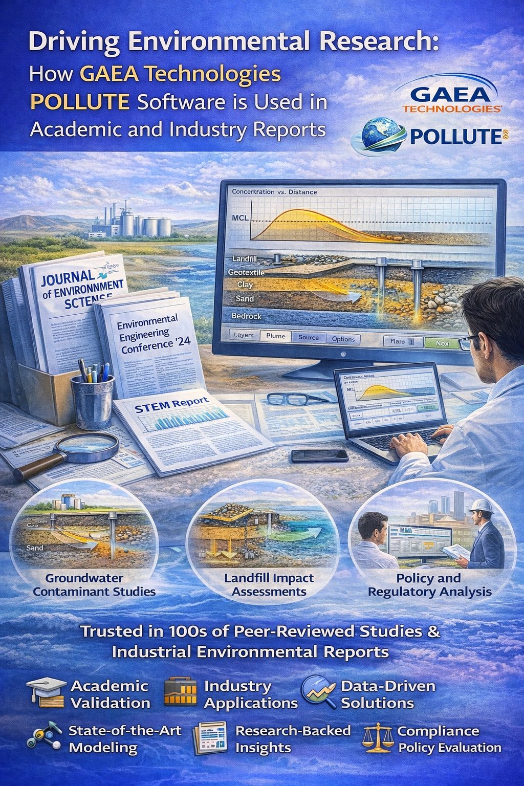 GAEA Technologies POLLUTE contaminant transport modeling software used in academic research and industry environmental reports for groundwater and landfill studies.