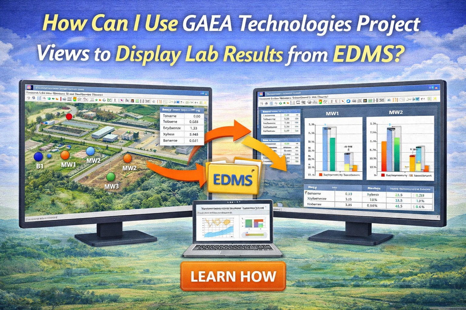 GAEA Technologies Project Views displaying lab results from EDMS with map visualization and data charts