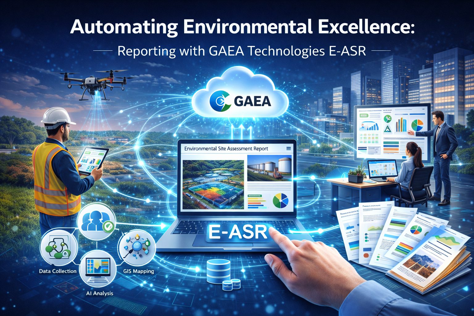 Illustration of GAEA Technologies E-ASR software automating Environmental Site Assessment reporting using drones, GIS mapping, cloud data platforms, and AI-driven environmental analysis.