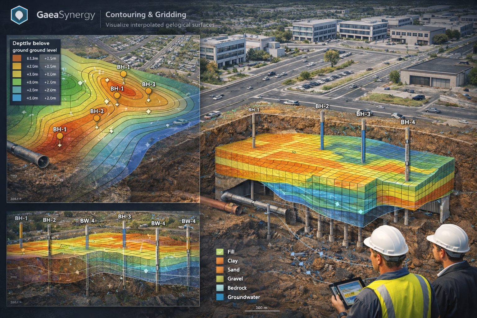 Geological contour map and gridded subsurface surface generated from borehole data in a geotechnical visualization platform.