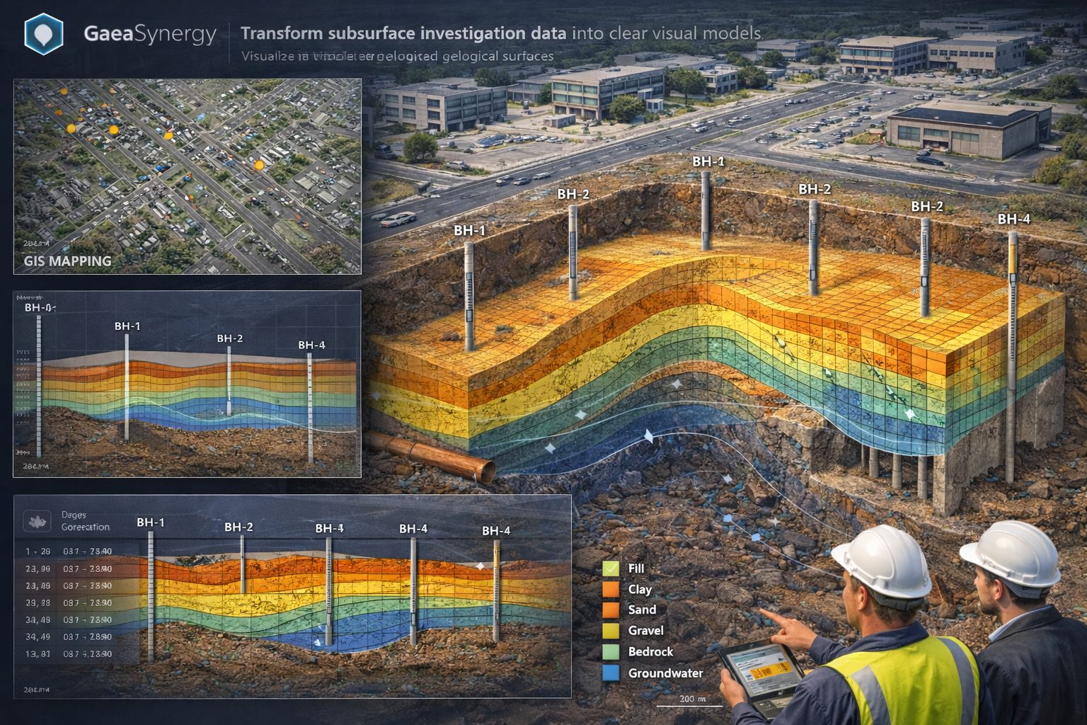 3D subsurface model showing boreholes, geological layers, and cross-sections visualized in a geological data platform.