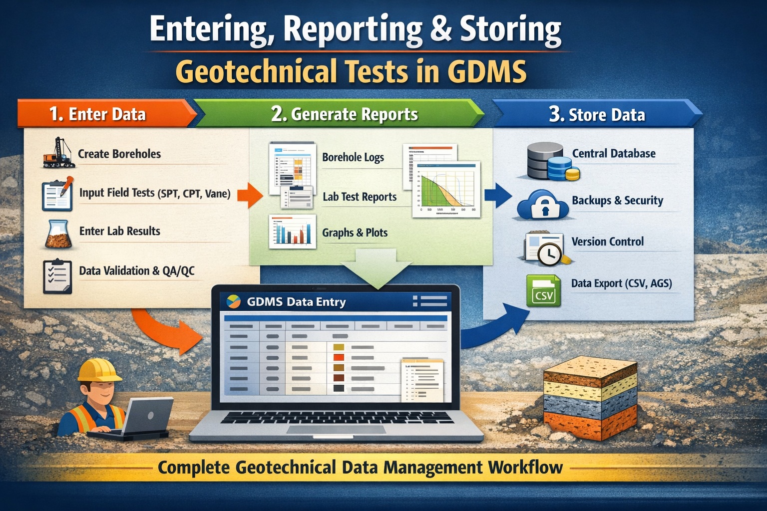 Entering, reporting and storing geotechnical tests in GDMS workflow infographic