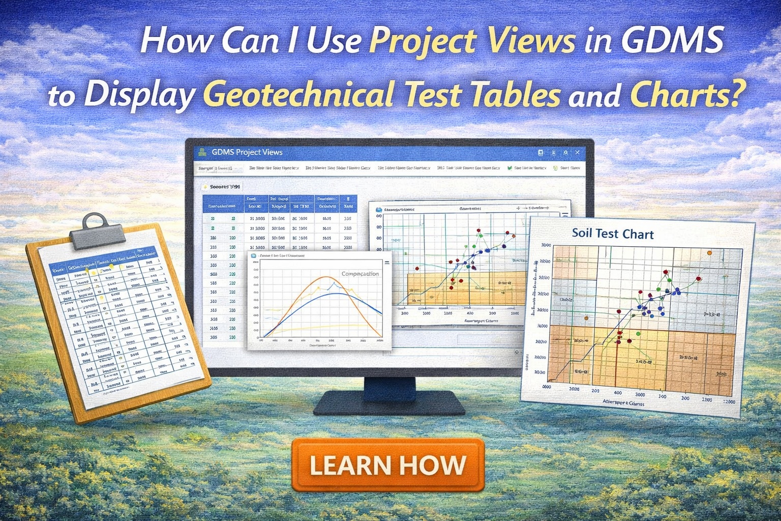 GDMS Project Views displaying geotechnical test tables and charts including compaction curves and soil data